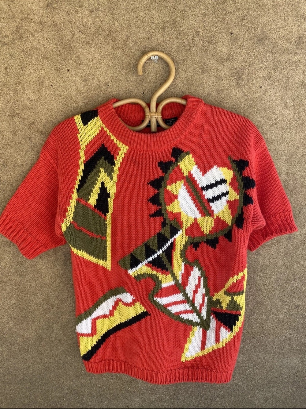 Panther Knit Short Sleeve Sweater - Red With Abstract Designs - medium